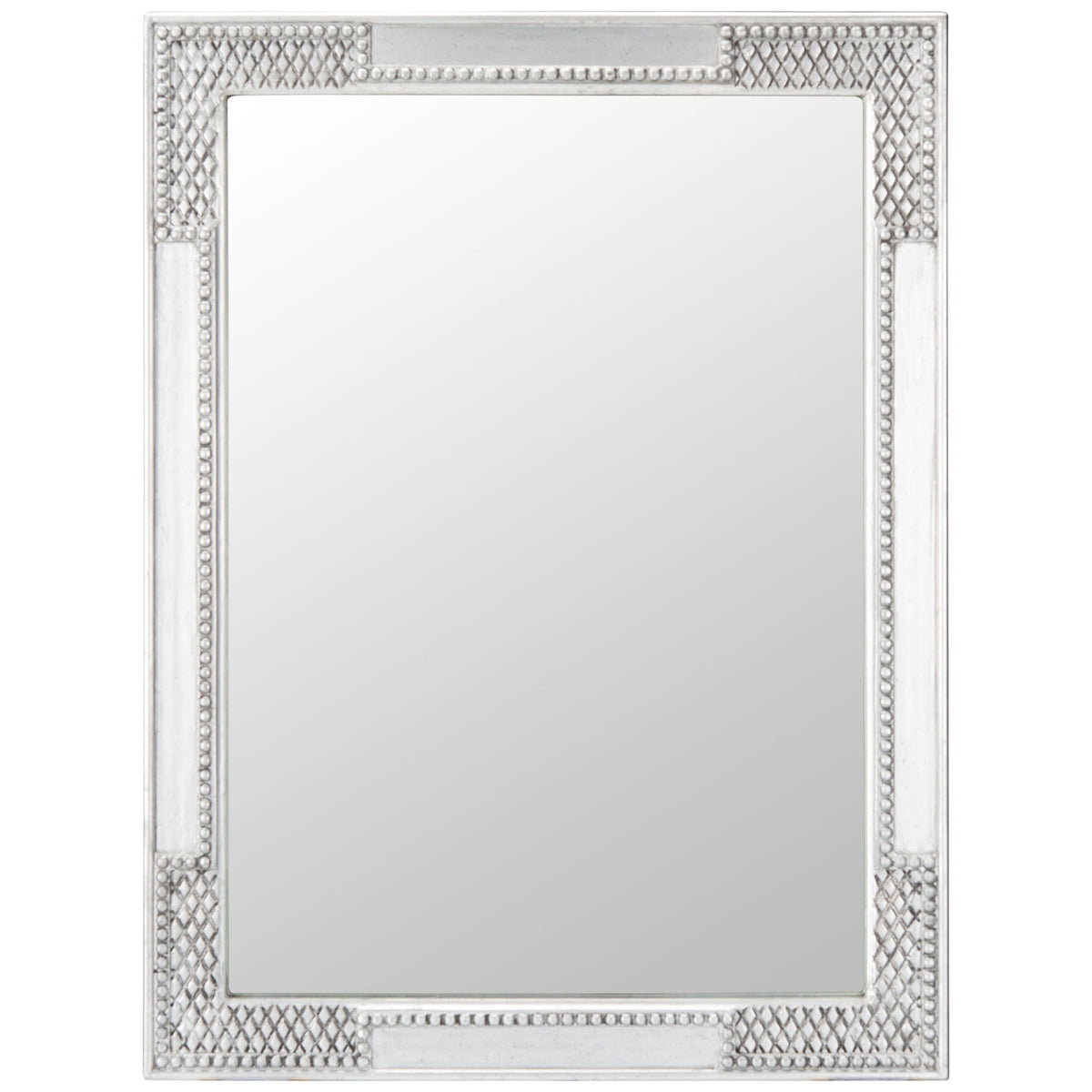 Rectangular mirror with an antique silver frame, diamond-patterned corners, and beaded borders || MRR5003B || front_studio