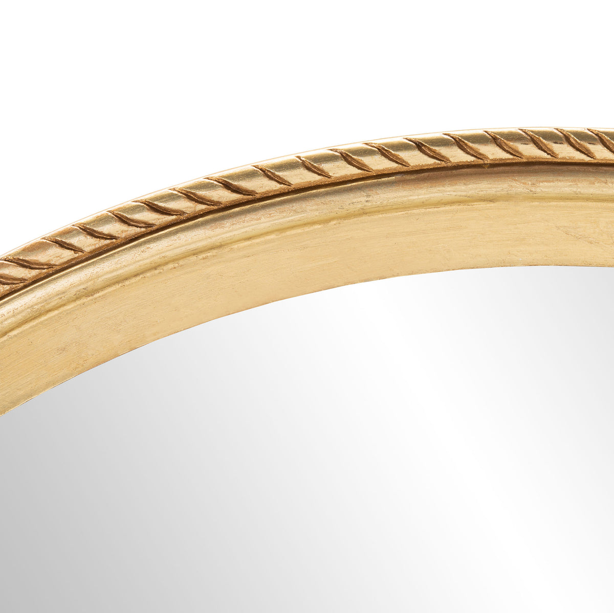 Rope-textured trim accents the curved antique gold mirror frame