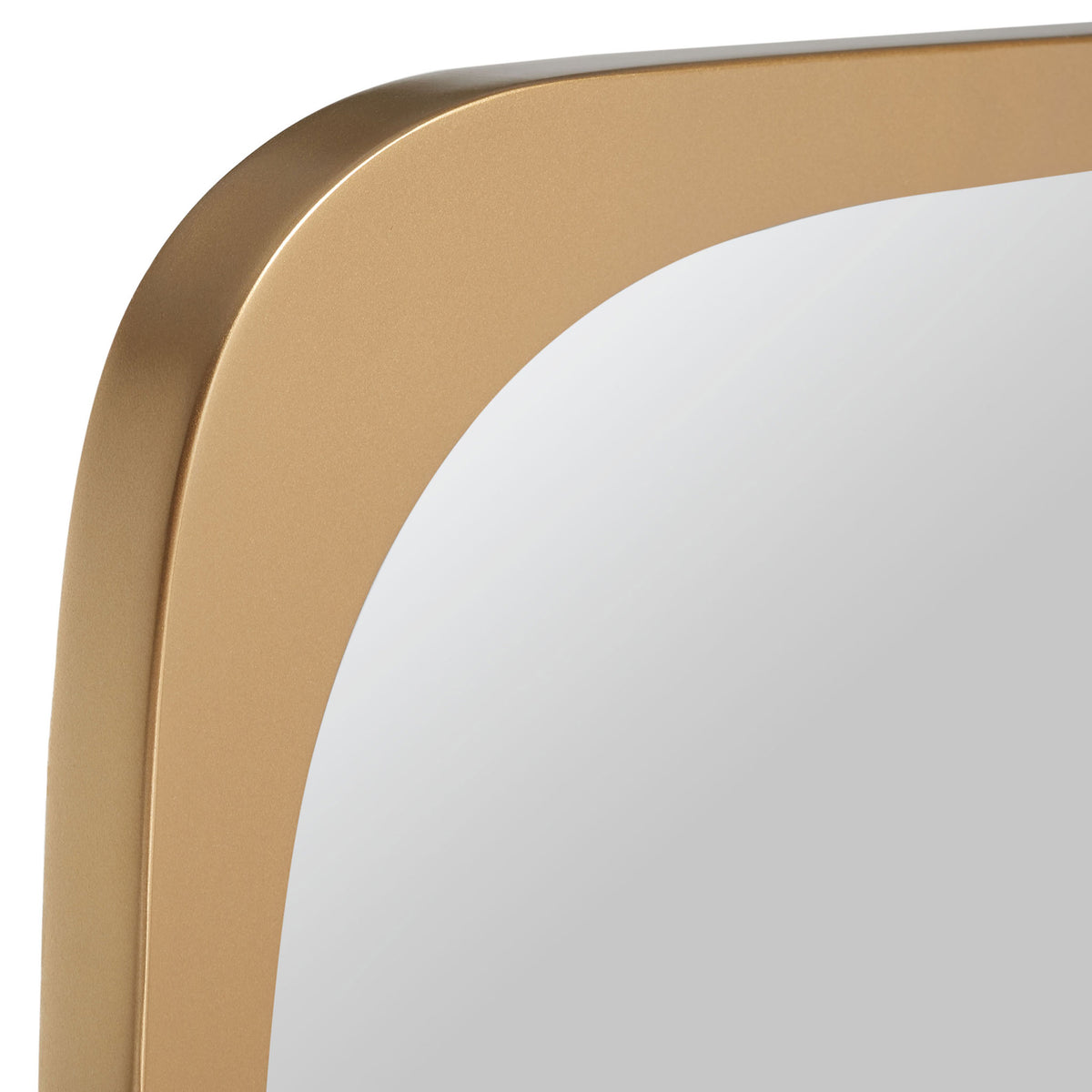 A smooth gold metal frame curves around the mirror's rounded corner