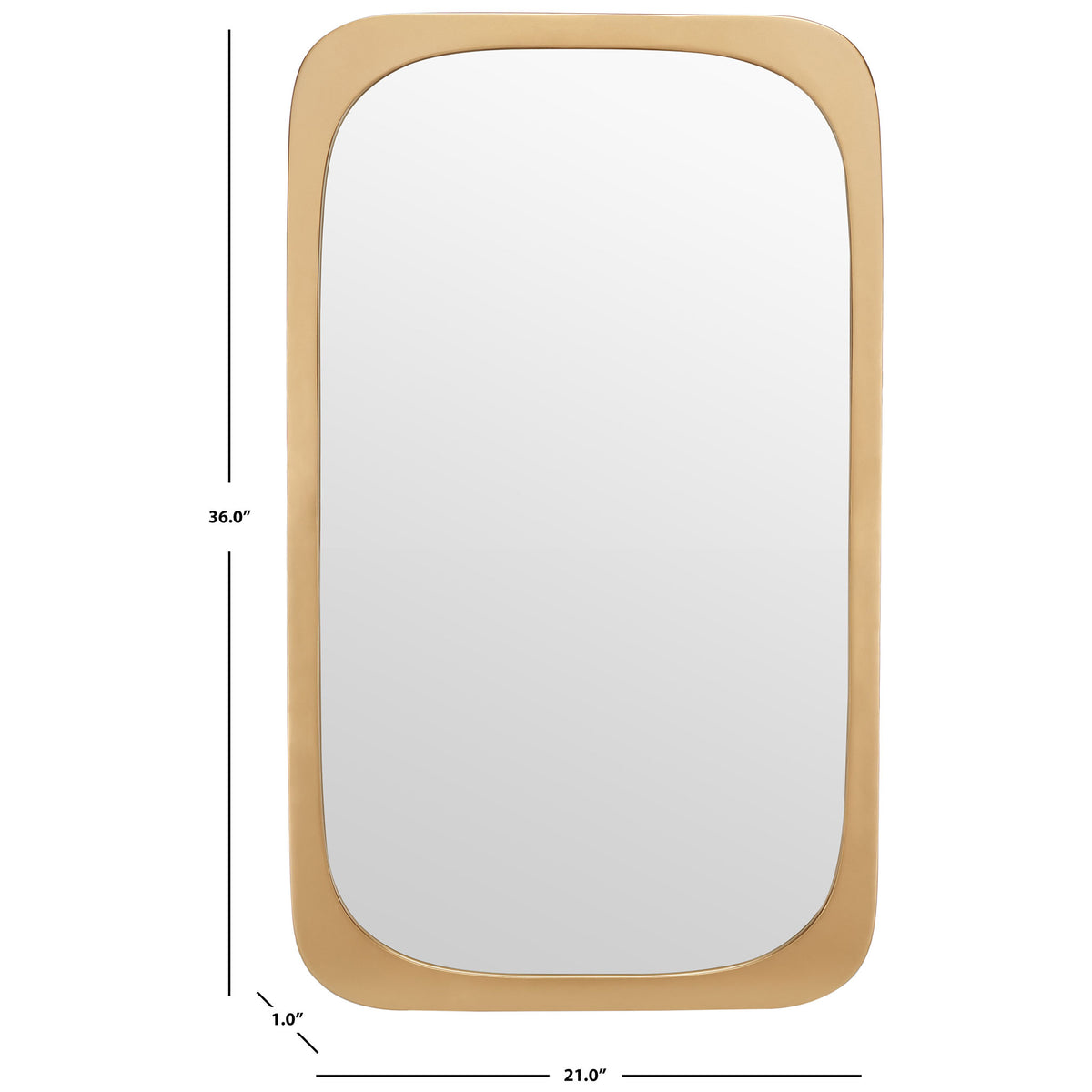 Rounded gold wall mirror measures 21 inches wide, 36 inches high, and 1 inch deep || MRR8001A || dimension_studio