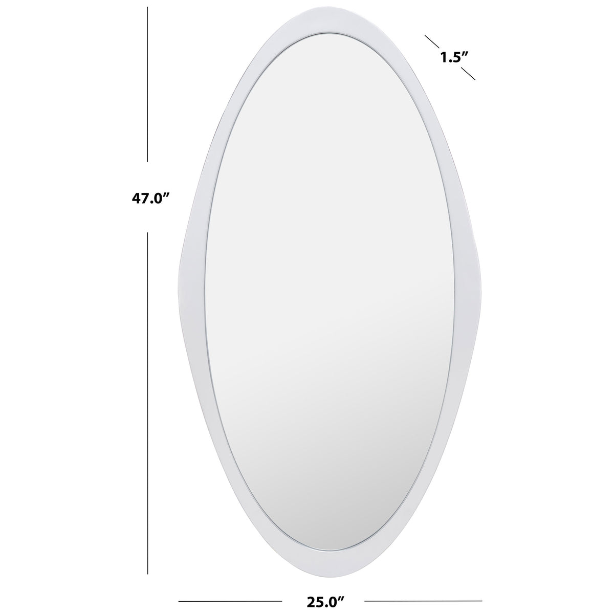 The silver-framed oval mirror measures 25 inches wide, 47 inches tall and 1.5 inches deep. || MRR8002A || dimension_studio