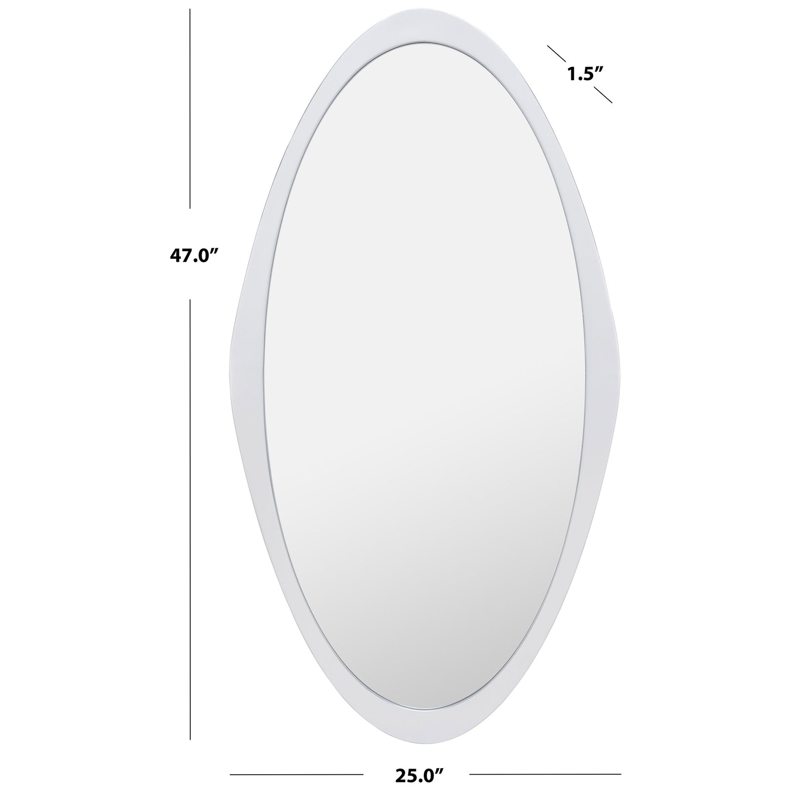 The silver-framed oval mirror measures 25 inches wide, 47 inches tall and 1.5 inches deep. || MRR8002A || dimension_studio