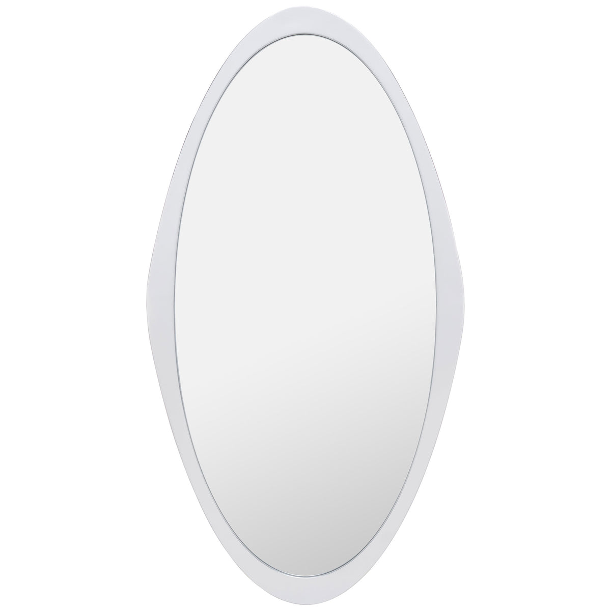 A sleek silver frame outlines the tall oval mirror and its generous reflective surface. || MRR8002A || front_studio