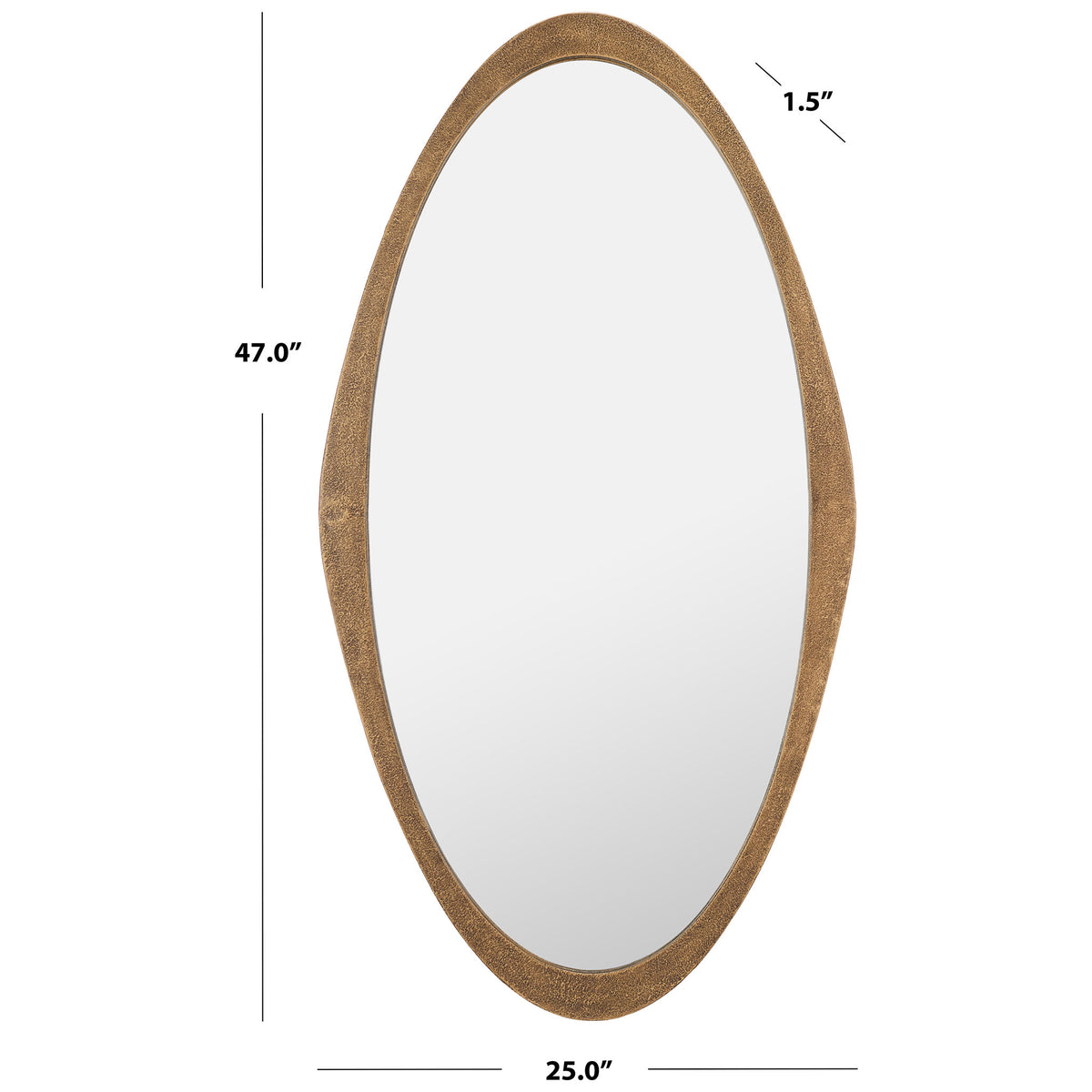 The oval brass mirror measures 25 inches wide, 47 inches tall and 1.5 inches deep. || MRR8002B || dimension_studio