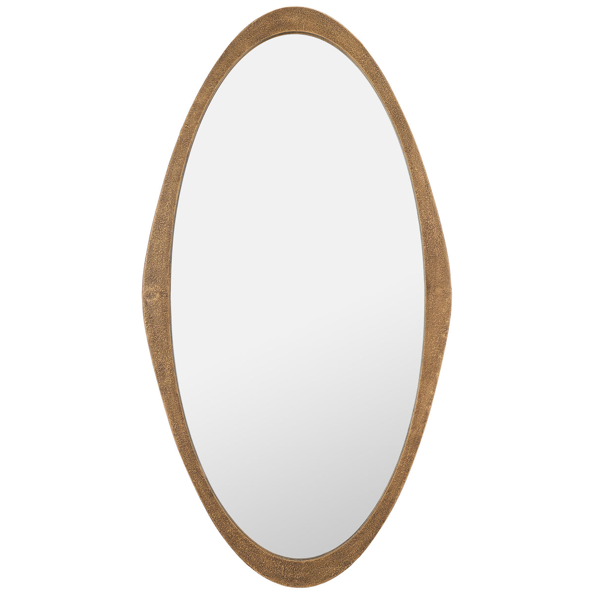An elongated oval mirror is outlined by a richly textured brass metal frame. || MRR8002B || front_studio