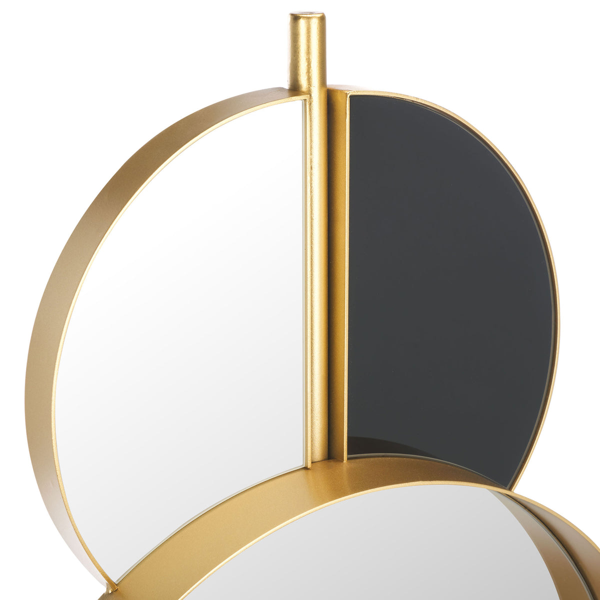 A gold-tone rod separates contrasting white and black circular accents above the round mirror || MRR8003A || detail_studio