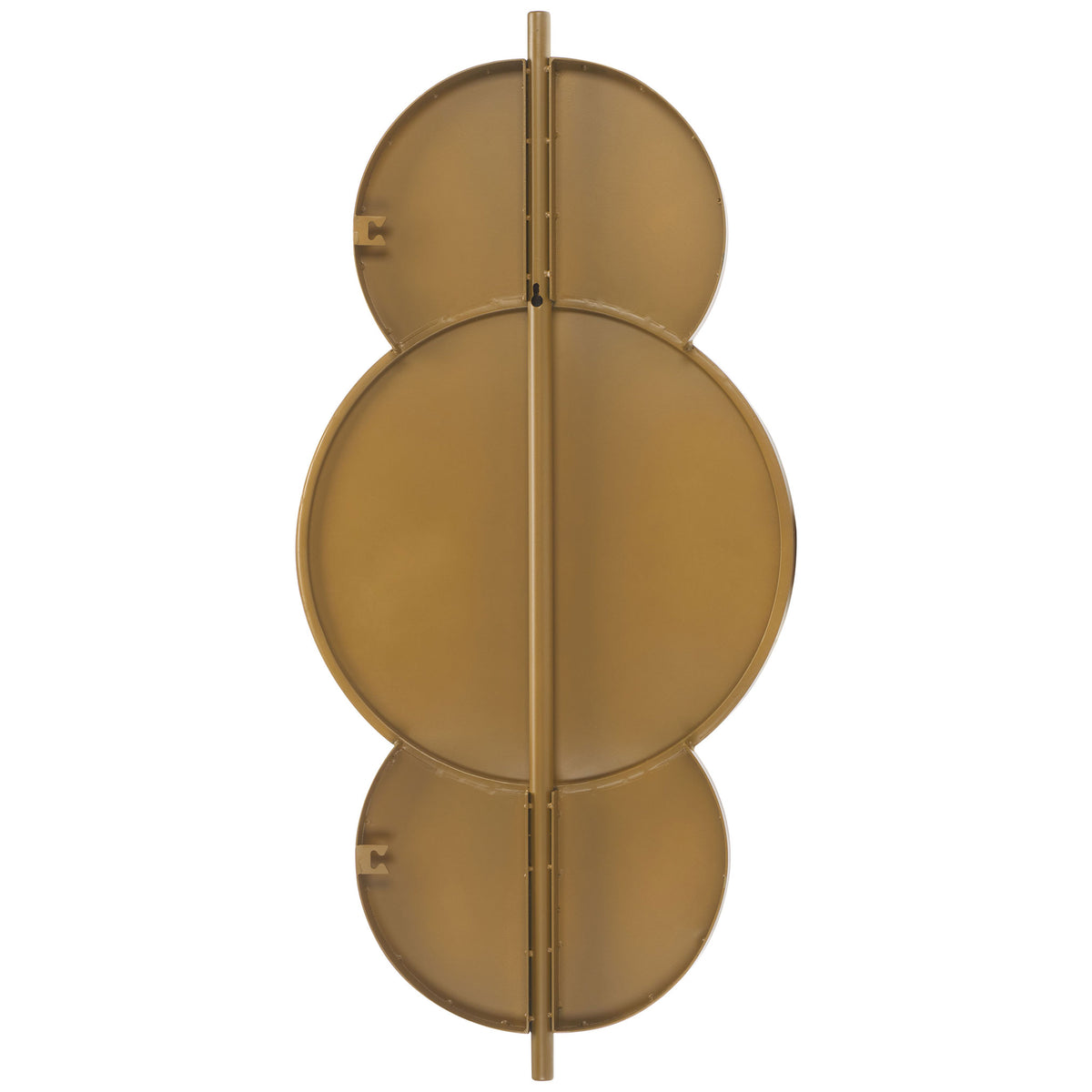 Three stacked gold-finished circular backs connect to a slim vertical rod on this decorative wall mirror || MRR8003B || back_studio