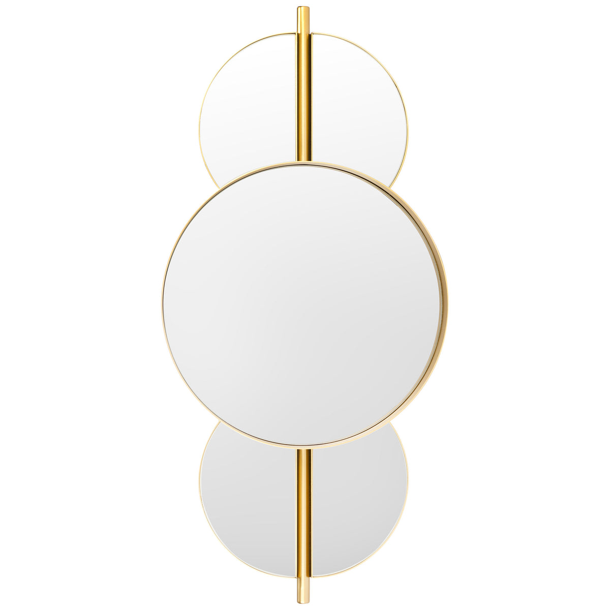 A large round mirror is framed by smaller white circles and a narrow gold-tone vertical rod || MRR8003B || front_studio