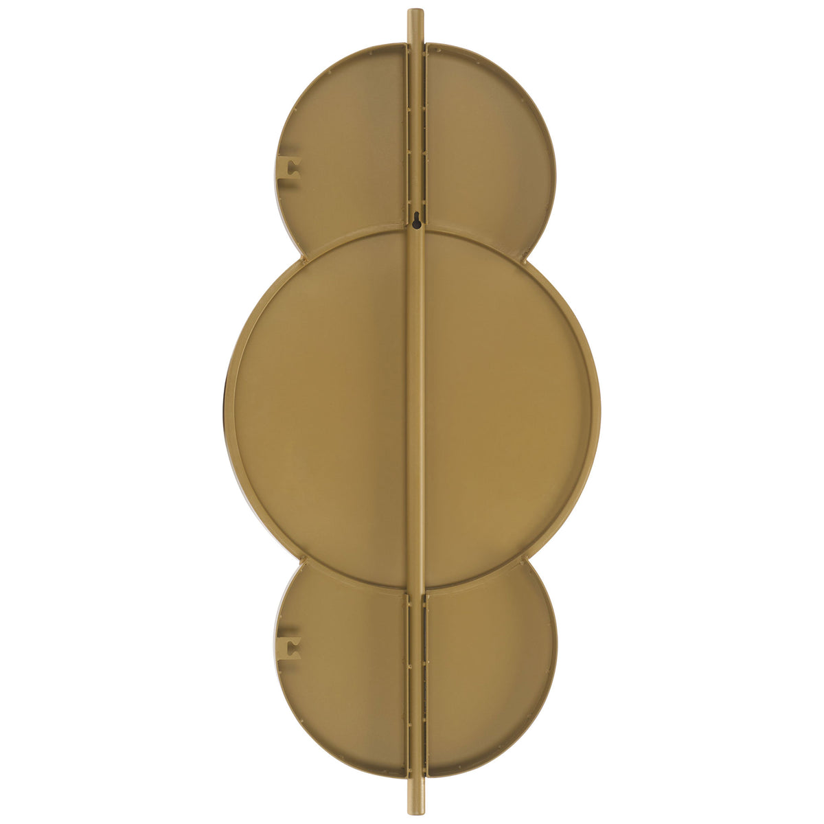Three gold-finished circular backing panels align along a slim metal support behind this wall mirror || MRR8003C || back_studio