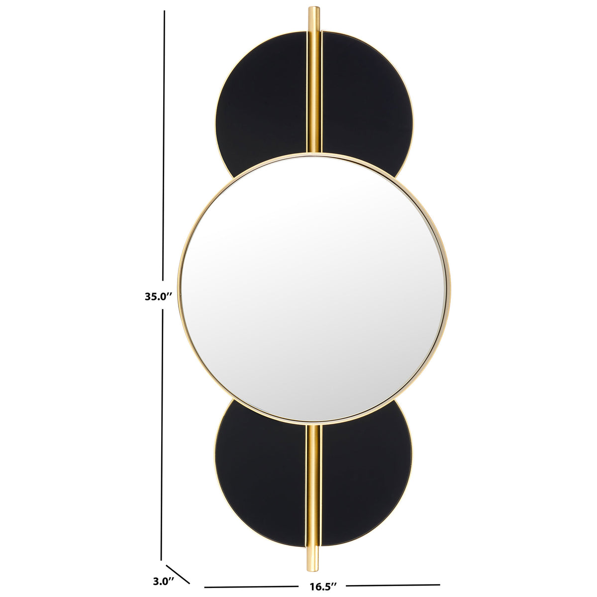 This gold and black mirror stands 35 inches high, spans 16.5 inches wide, and extends 3 inches deep || MRR8003C || dimension_studio