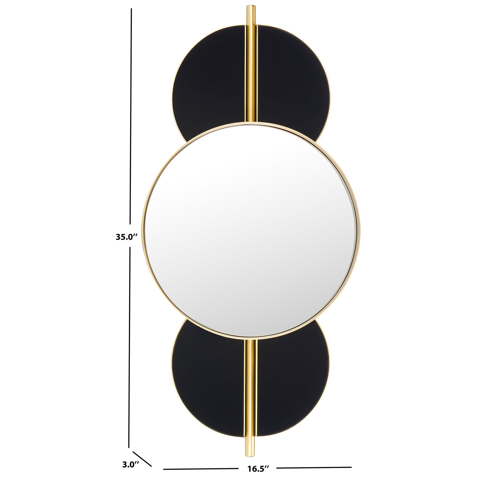 This gold and black mirror stands 35 inches high, spans 16.5 inches wide, and extends 3 inches deep || MRR8003C || dimension_studio