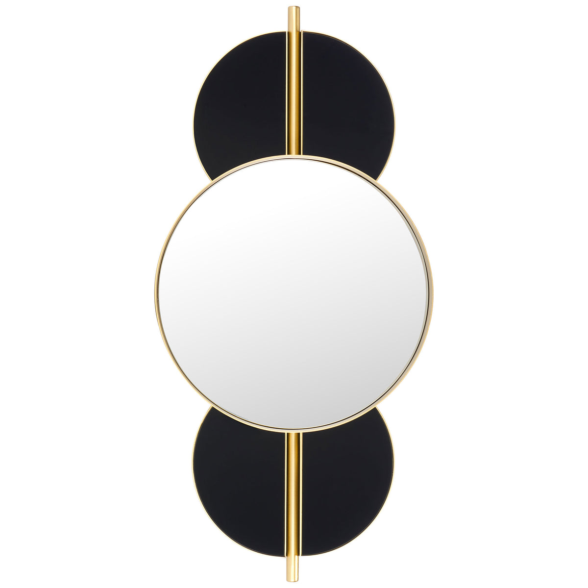 A round mirror sits between two black circular accents on a slender gold-tone rod || MRR8003C || front_studio