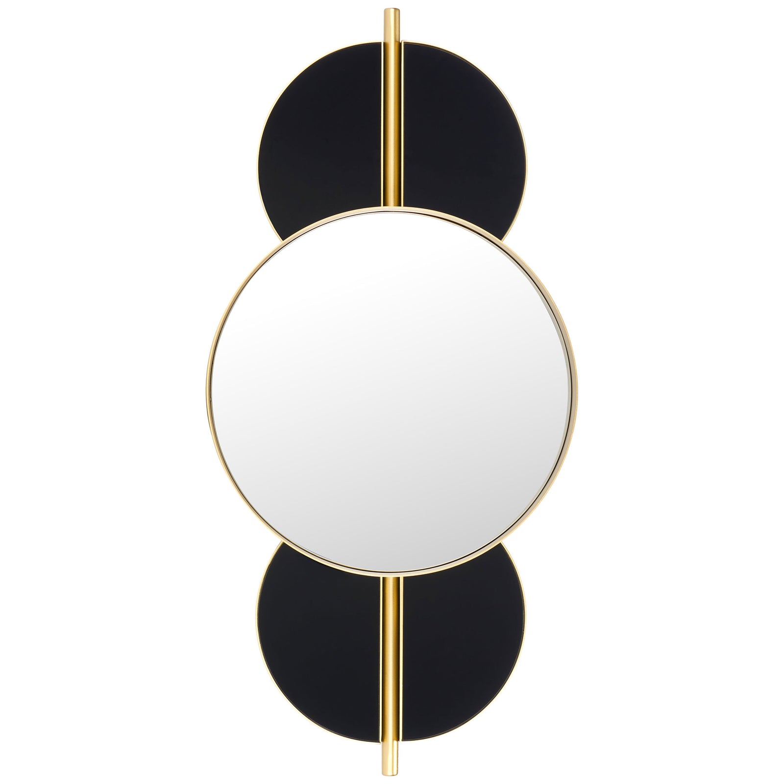 A round mirror sits between two black circular accents on a slender gold-tone rod || MRR8003C || front_studio
