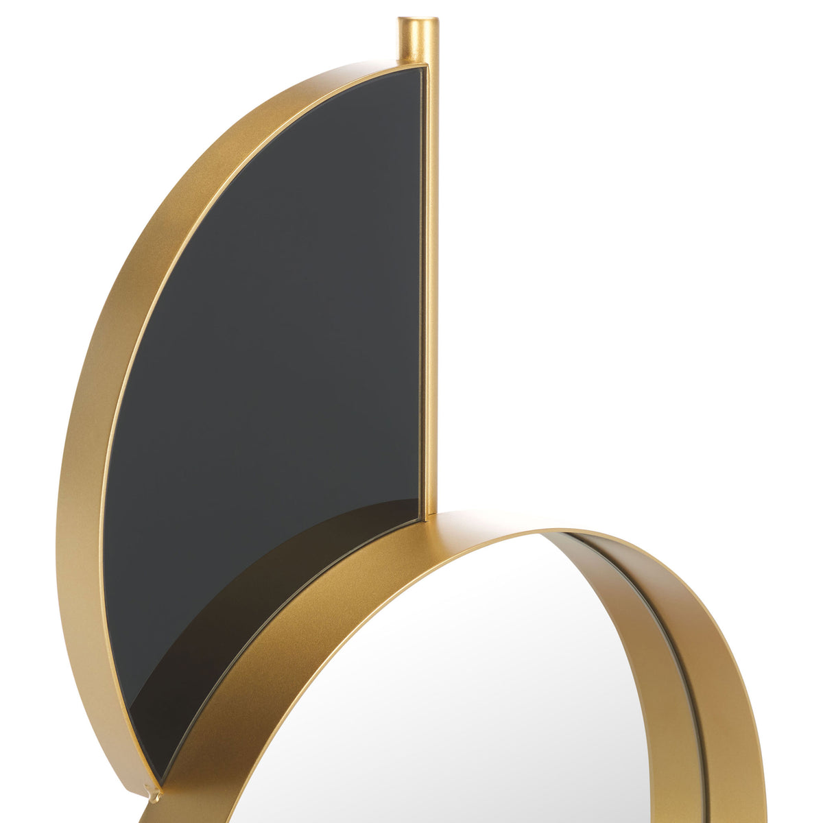 Black curved panels and slim gold edging add depth beside the round mirror