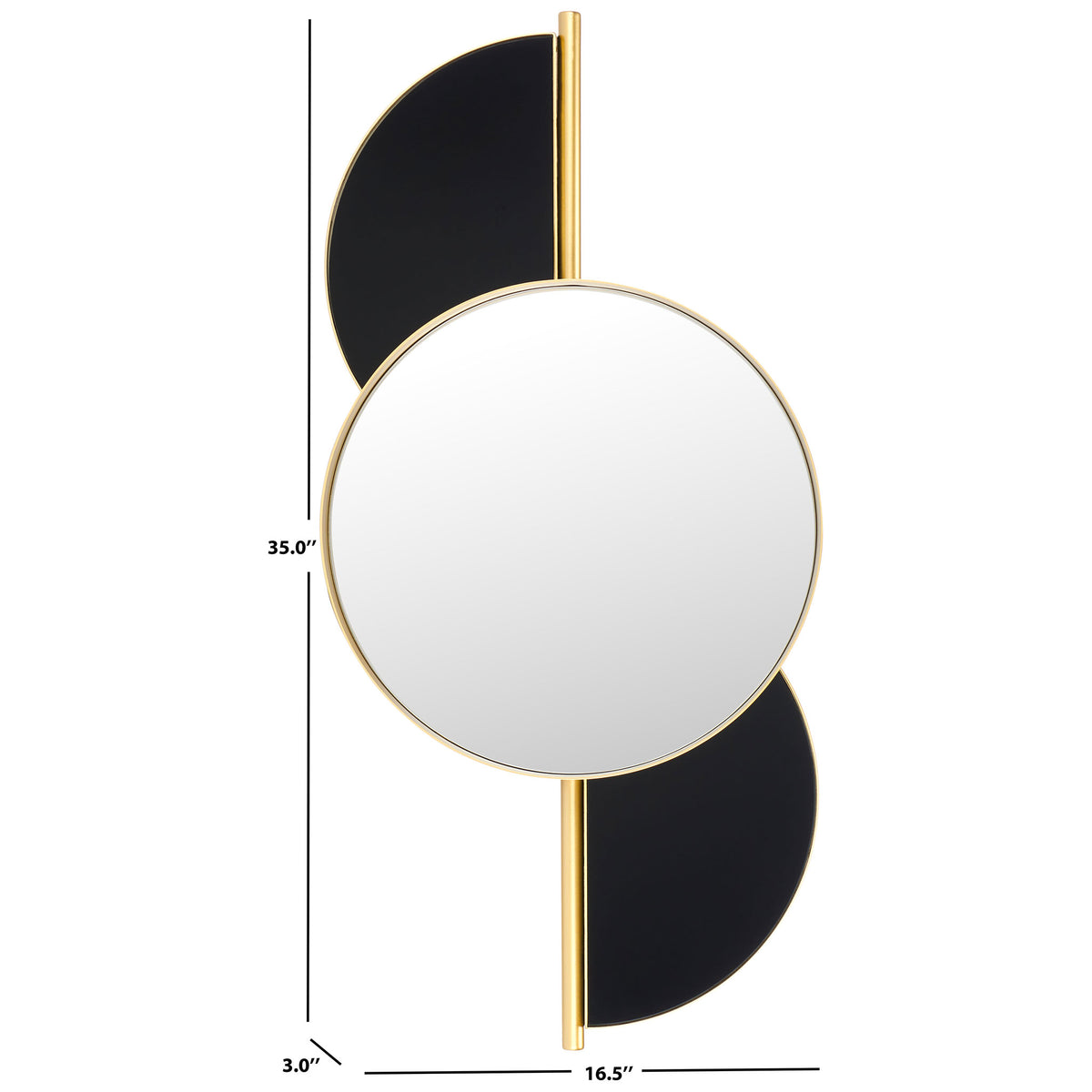 Gold-framed round mirror with black accents stands 35 inches tall and measures 16.5 inches across || MRR8004A || dimension_studio