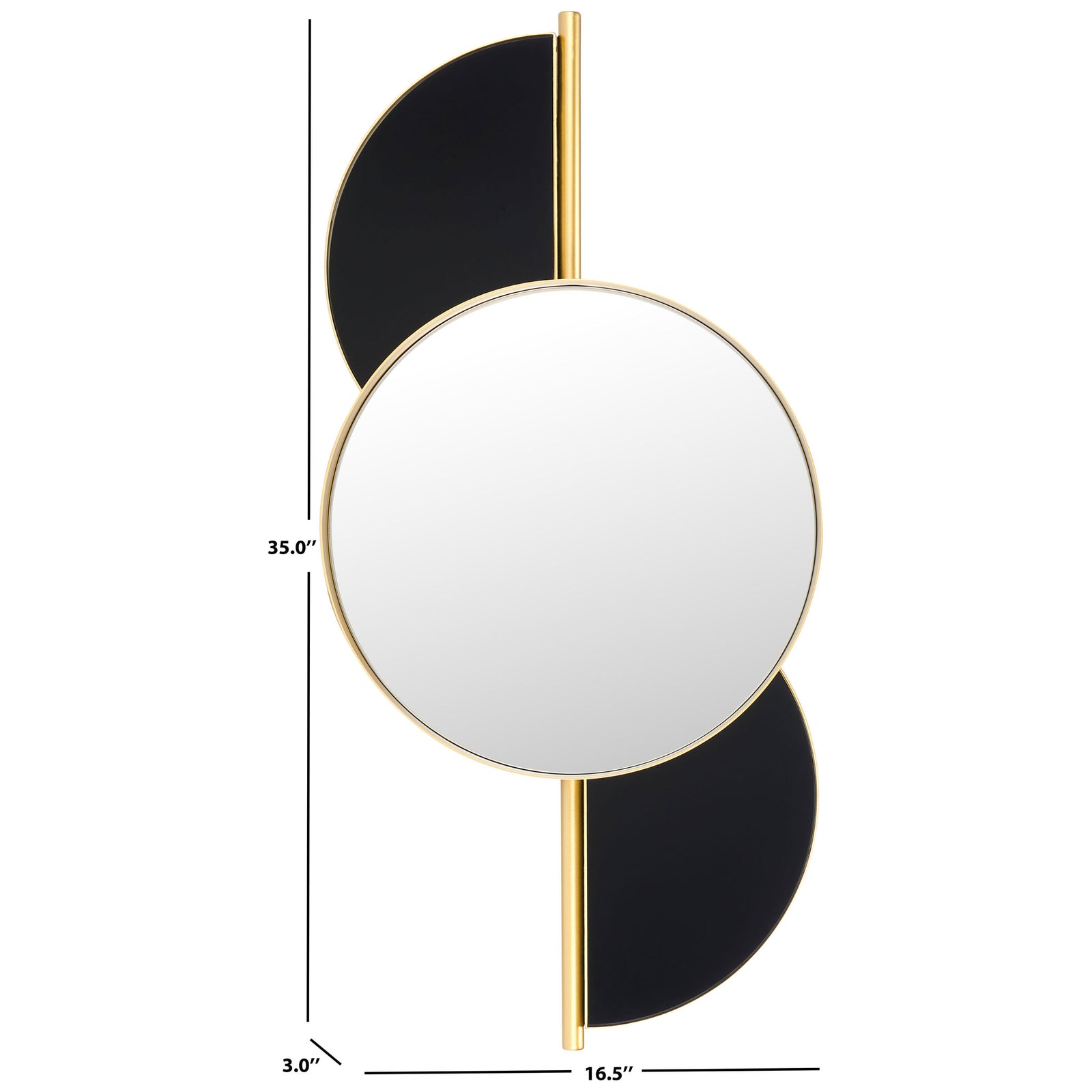 Gold-framed round mirror with black accents stands 35 inches tall and measures 16.5 inches across || MRR8004A || dimension_studio