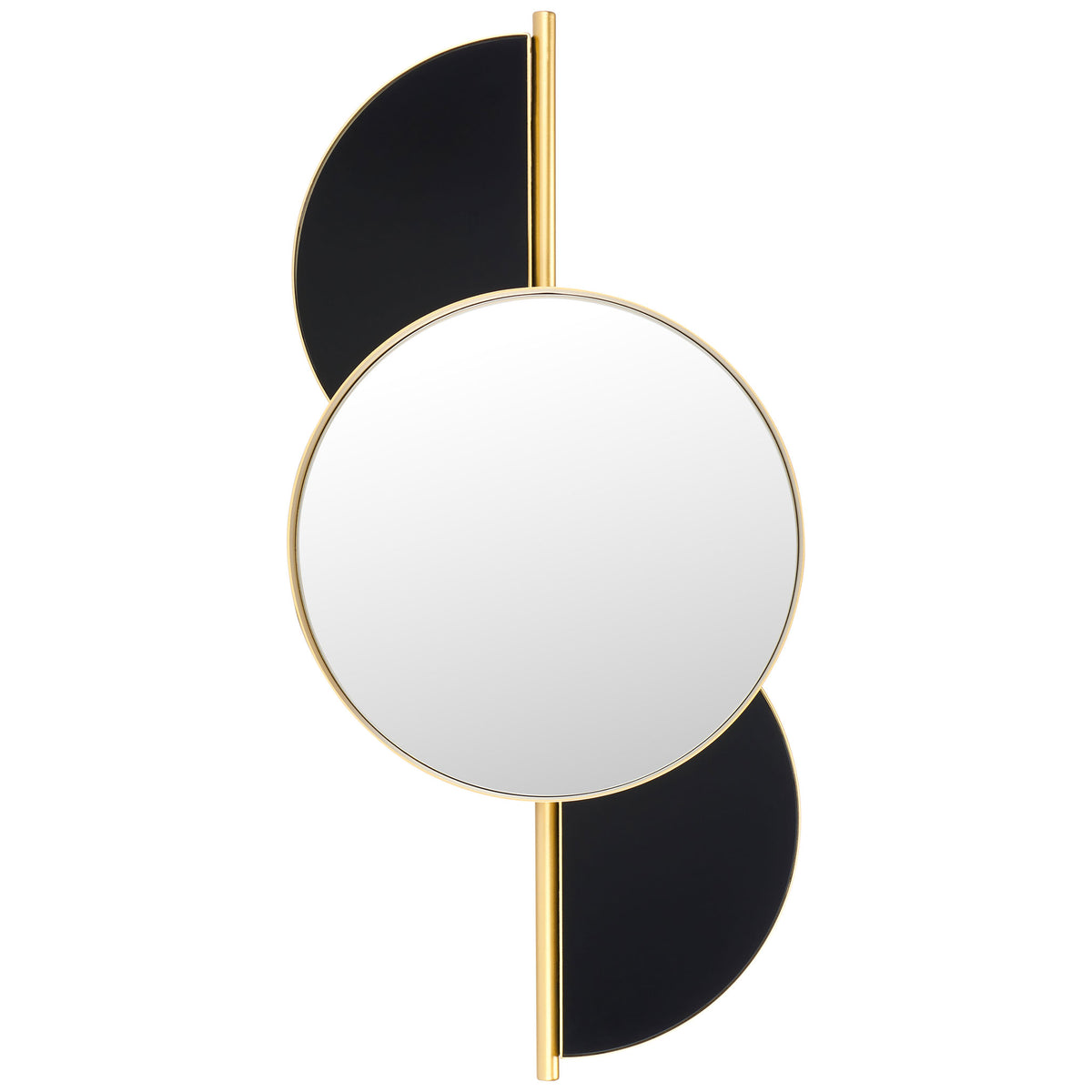 A round mirror framed in gold sits between offset black semicircular panels || MRR8004A || front_studio