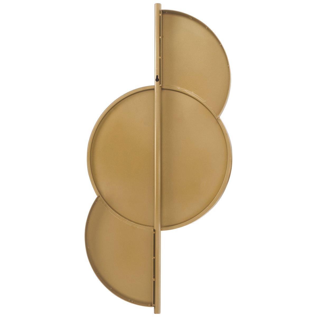 A slim gold metal spine supports a circular mirror and offset half-moon panels || MRR8004B || back_studio