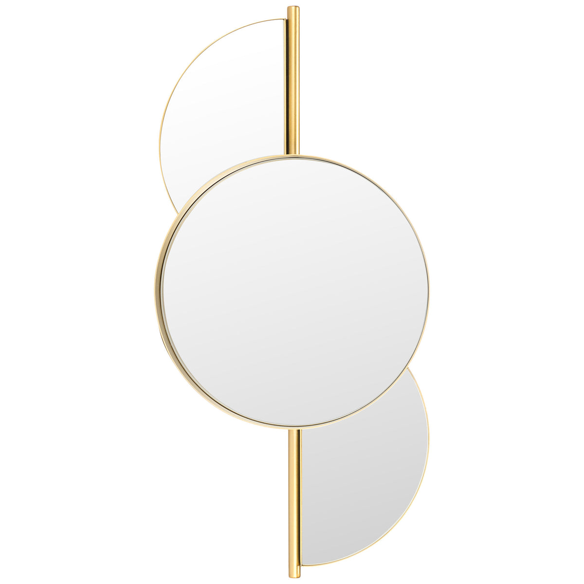 White semicircular panels flank a round mirror on a slim gold vertical spine || MRR8004B || front_studio