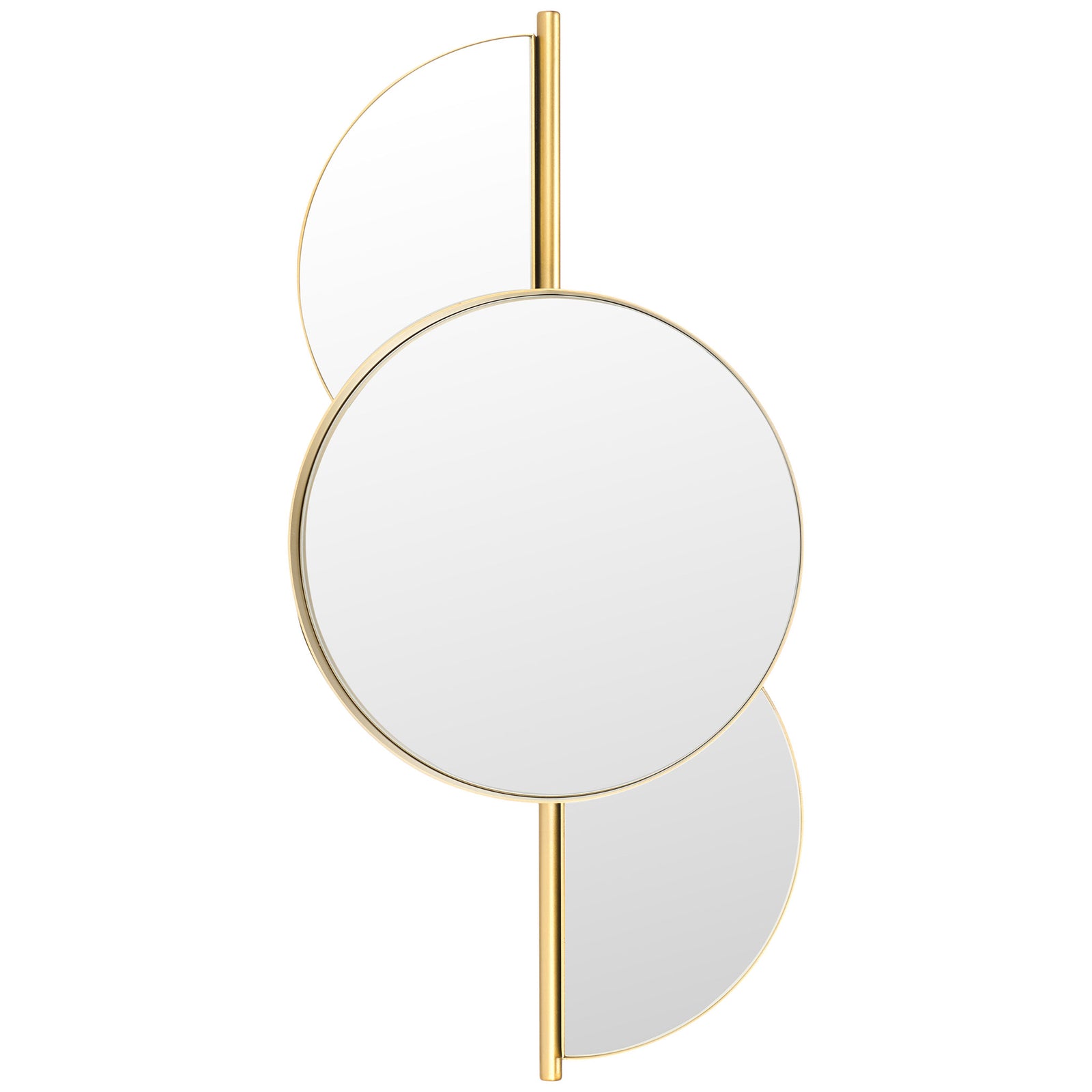 White semicircular panels flank a round mirror on a slim gold vertical spine || MRR8004B || front_studio