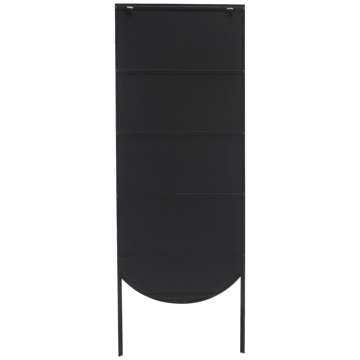 Tall black iron mirror with a paneled back, curved lower edge, and slender legs || MRR8005A || back_studio