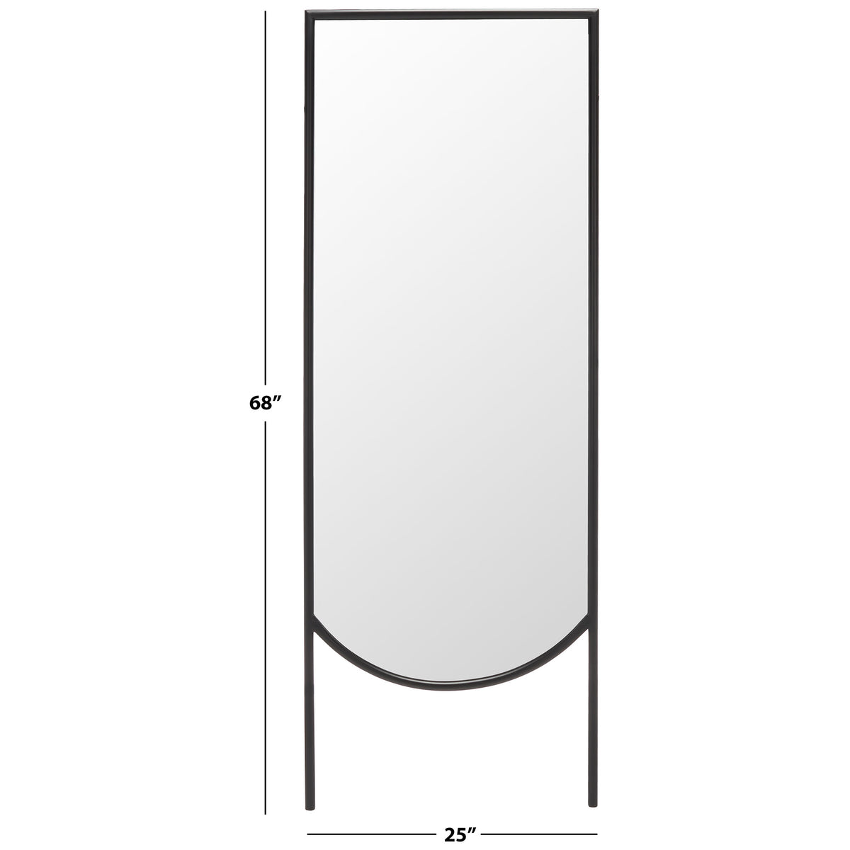 Black-framed mirror with a curved lower edge, measuring 25 inches wide and 68 inches high