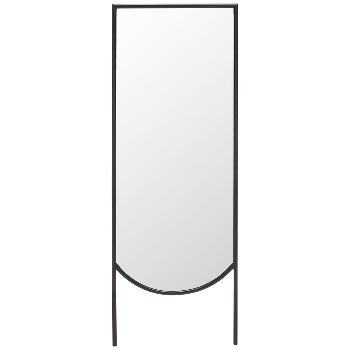 Slim black iron frame surrounds a full-length mirror with a curved lower edge and open base || MRR8005A || front_studio