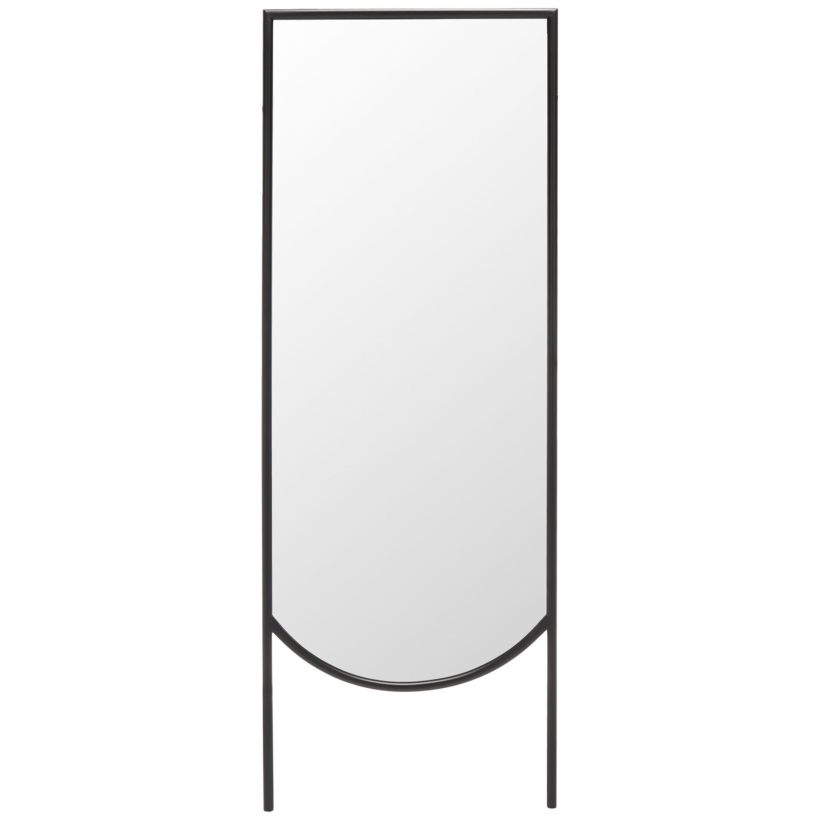 Slim black iron frame surrounds a full-length mirror with a curved lower edge and open base || MRR8005A || front_studio