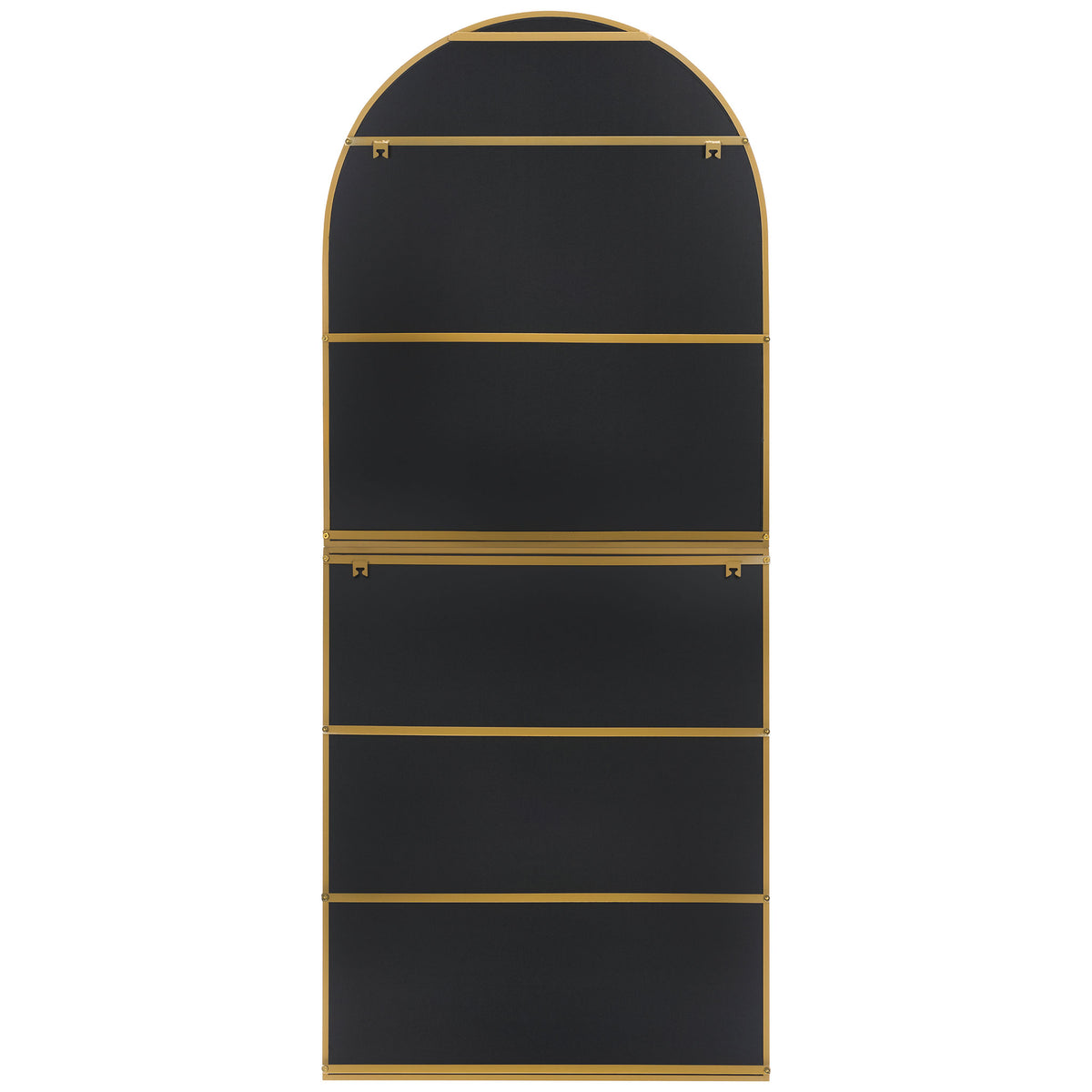 Arched gold mirror with black backing, gold crossbars, and mounting hooks || MRR8006A || back_studio