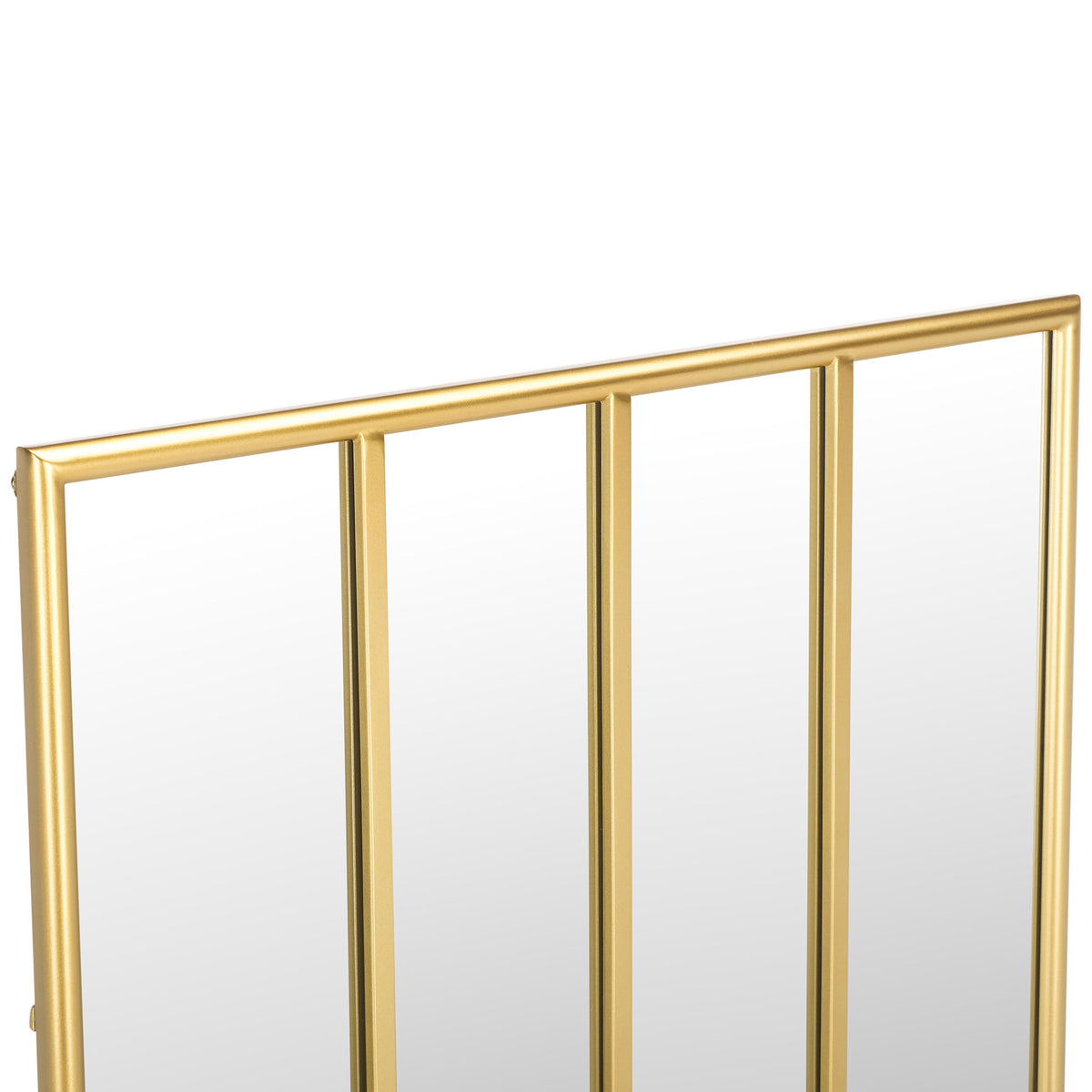 Slim gold bars divide the reflective glass into clean vertical panels