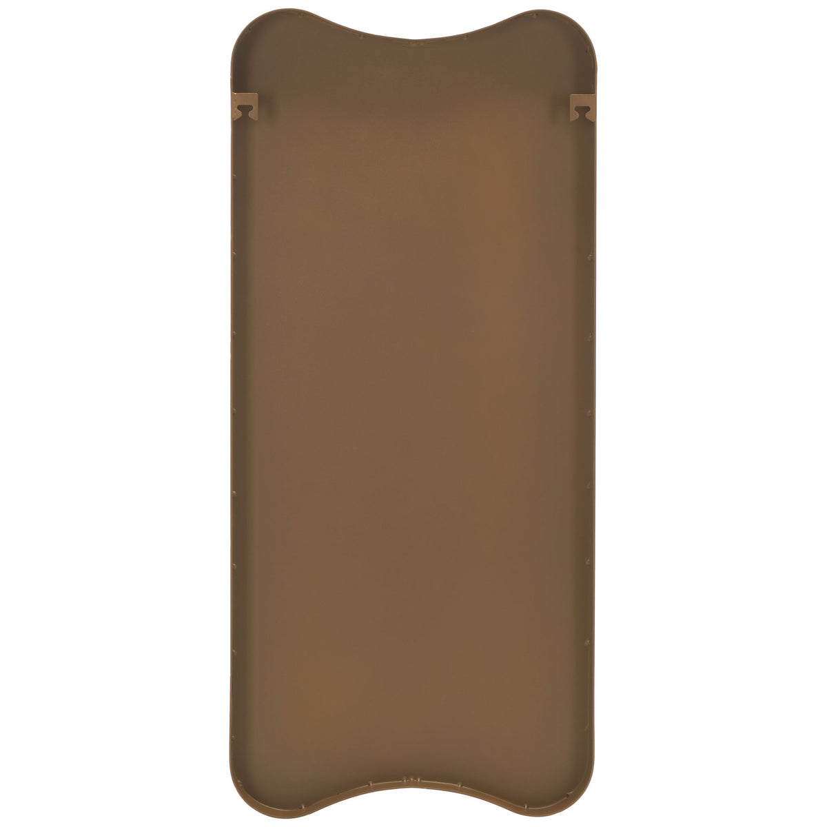 A smooth brown backing with two hanging brackets follows the mirror's curved silhouette || MRR8008A || back_studio