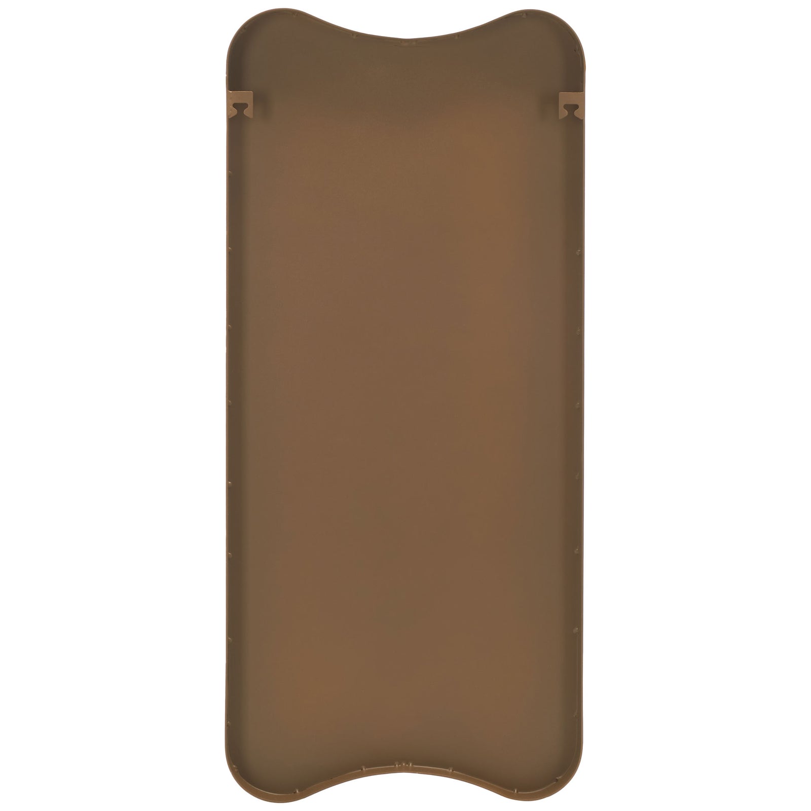 A smooth brown backing with two hanging brackets follows the mirror's curved silhouette || MRR8008A || back_studio