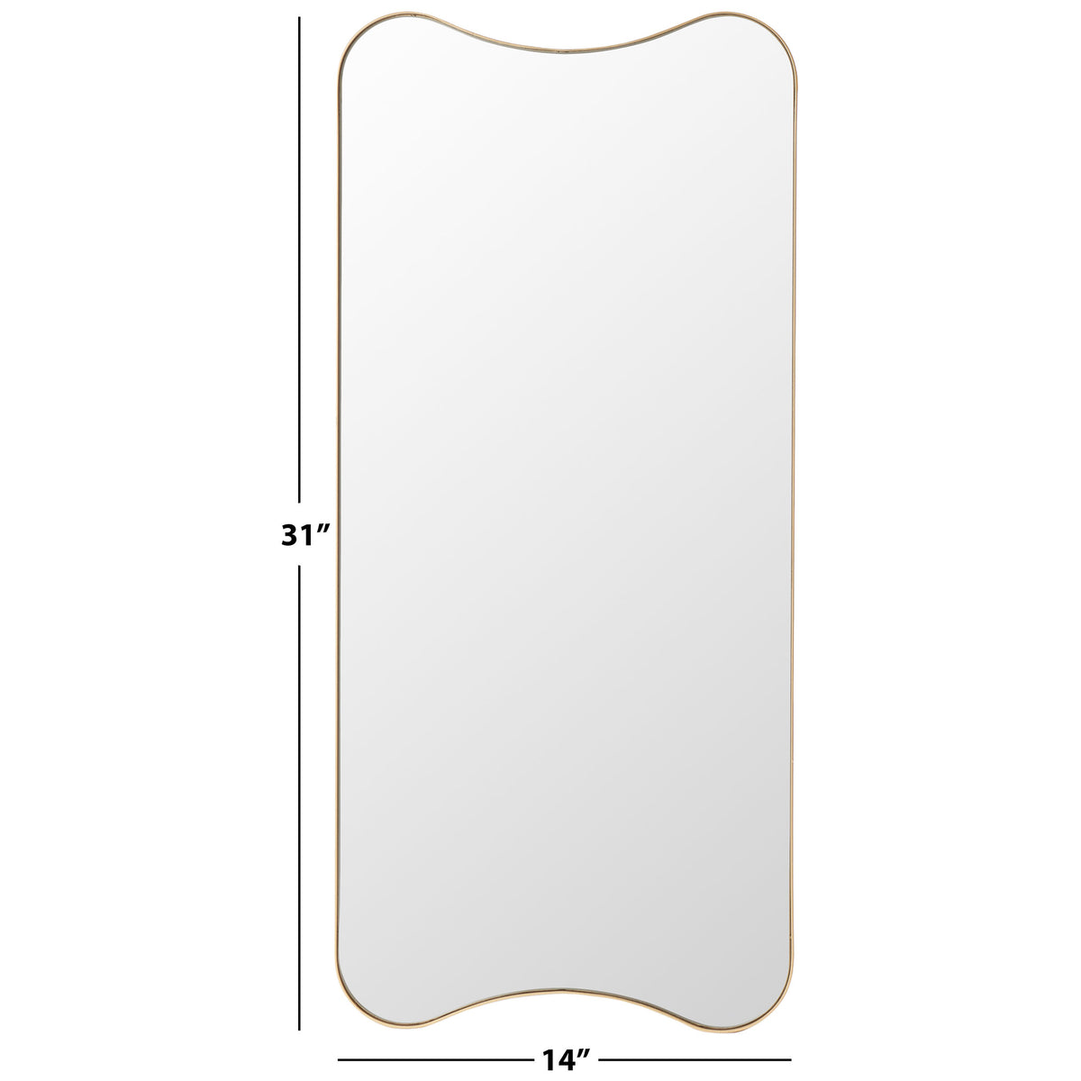 This gold-framed mirror measures 31 inches tall by 14 inches wide, with gently curved edges || MRR8008A || dimension_studio
