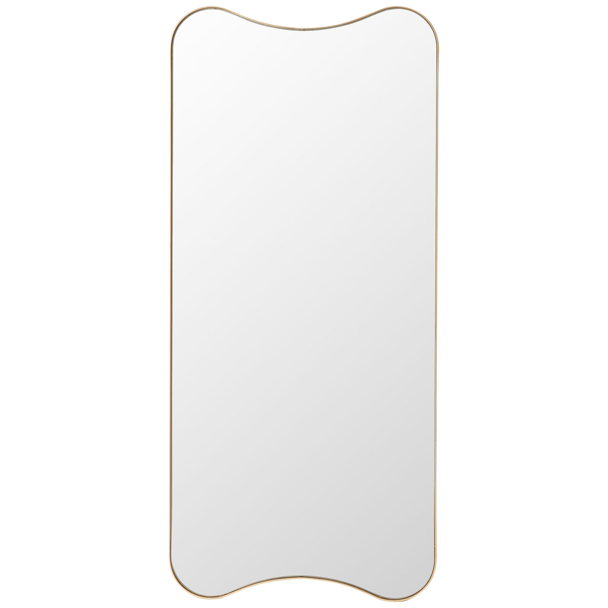 A slim gold frame surrounds the tall mirror, with softly curved top and bottom edges || MRR8008A || front_studio