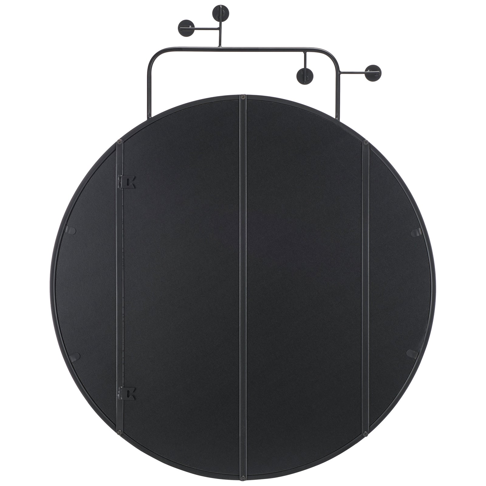 Solid black backing and slim vertical supports complement the round mirror's sculptural iron accents. || MRR8009A || back_studio