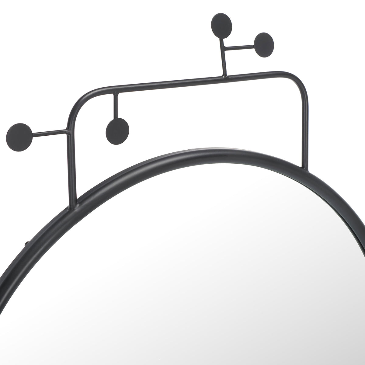 Slender black iron rods tipped with round discs add playful detail to the mirror's curved frame.