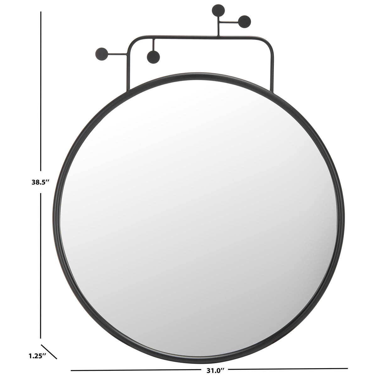 A 31-inch round mirror stands 38.5 inches high with its decorative black iron accents. || MRR8009A || dimension_studio