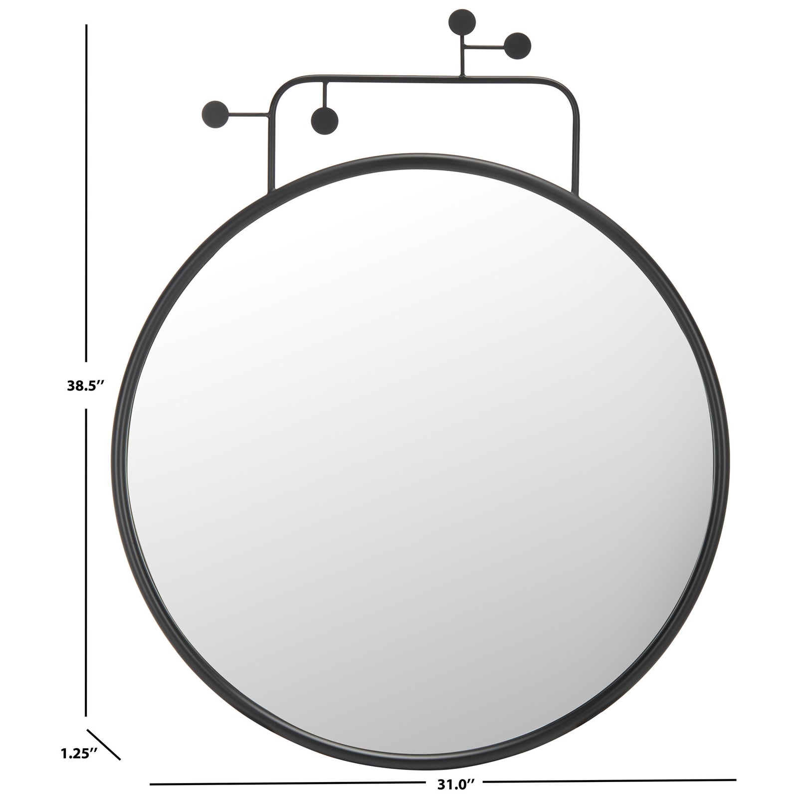 A 31-inch round mirror stands 38.5 inches high with its decorative black iron accents. || MRR8009A || dimension_studio
