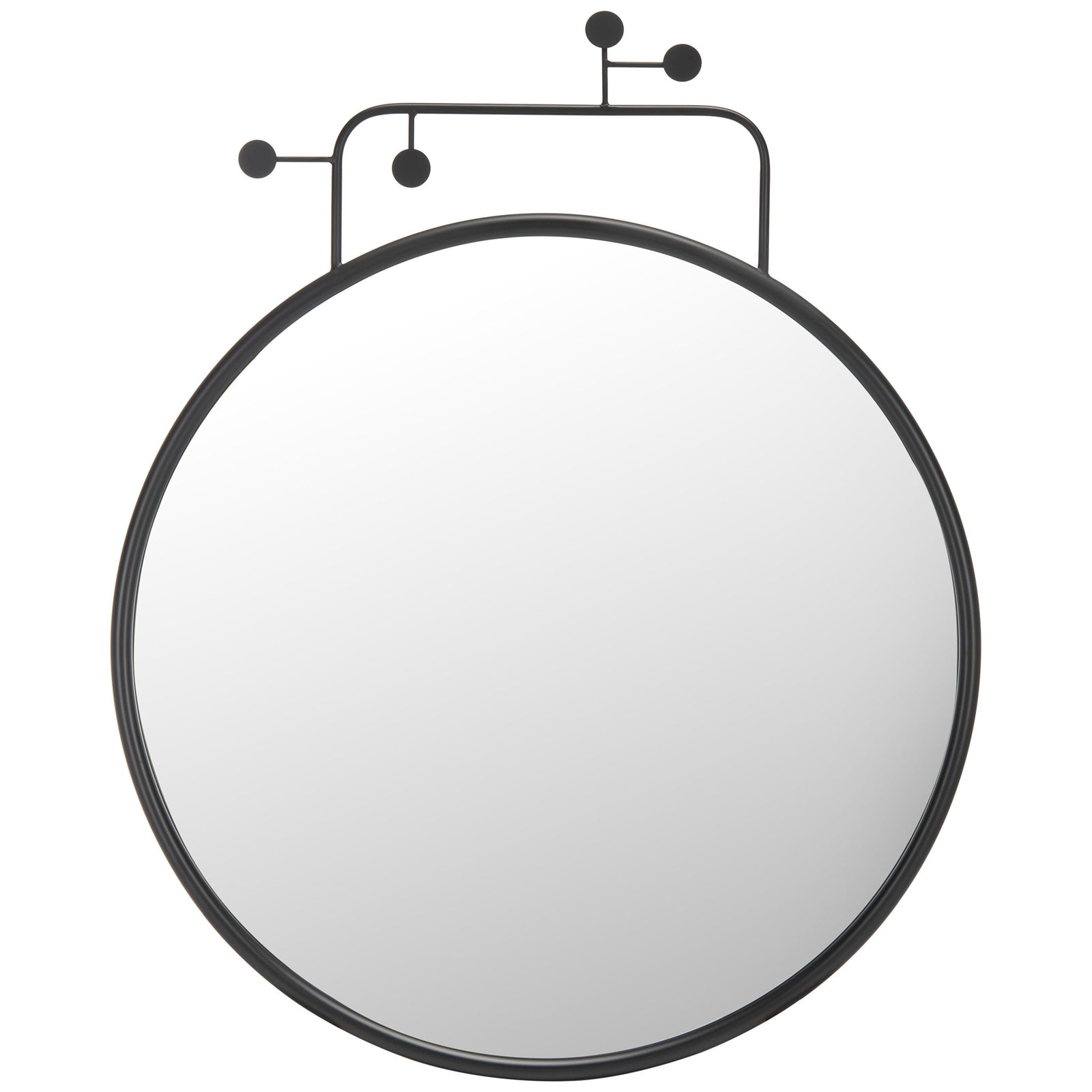 A sleek black iron frame surrounds this round mirror, topped with playful disc-tipped rods. || MRR8009A || front_studio