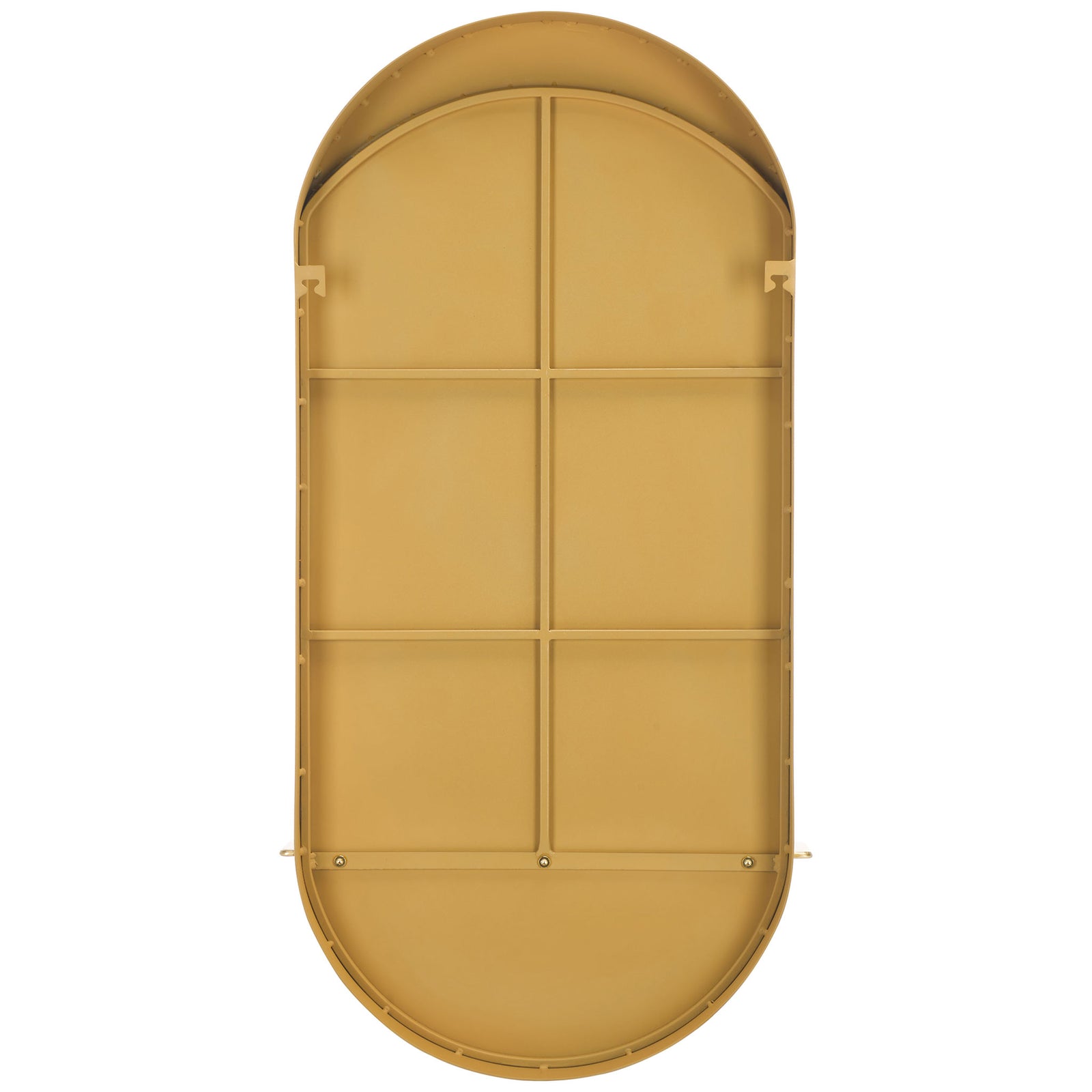 Gold iron backing with sturdy crossbars and mounting tabs supports the mirror's rounded silhouette. || MRR8010A || back_studio