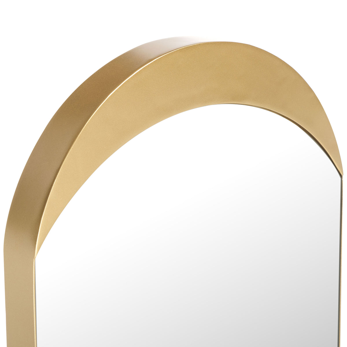A broad gold arch curves above the reflective glass, lending the mirror a sculptural finish. || MRR8010A || detail_studio