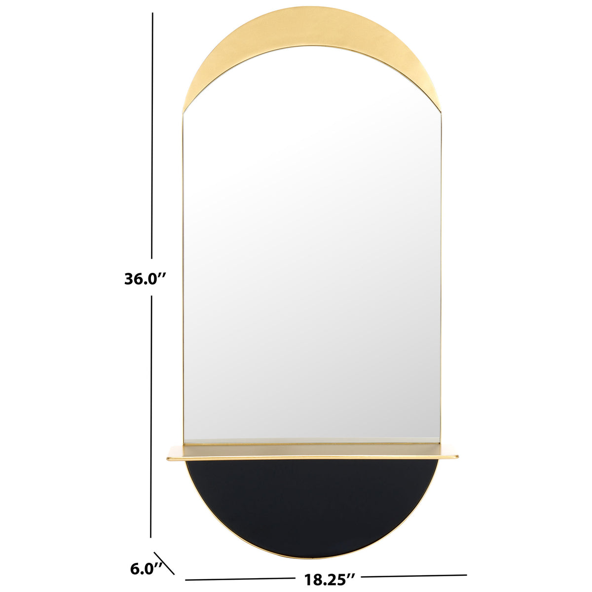 Gold mirror with a slim shelf measures 36 inches high, 18.25 inches wide, and 6 inches deep. || MRR8010A || dimension_studio
