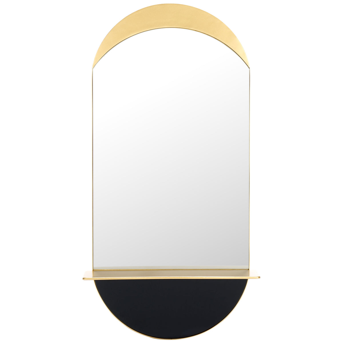 A gold arch crowns this tall mirror, while a slim shelf accents its dark semicircular base. || MRR8010A || front_studio