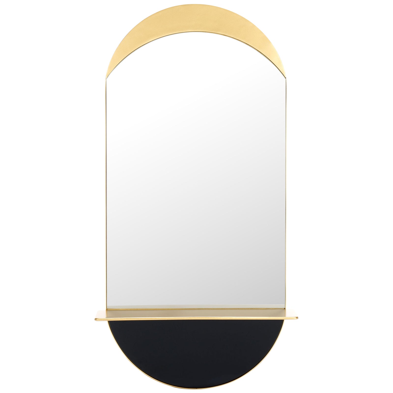 A gold arch crowns this tall mirror, while a slim shelf accents its dark semicircular base. || MRR8010A || front_studio