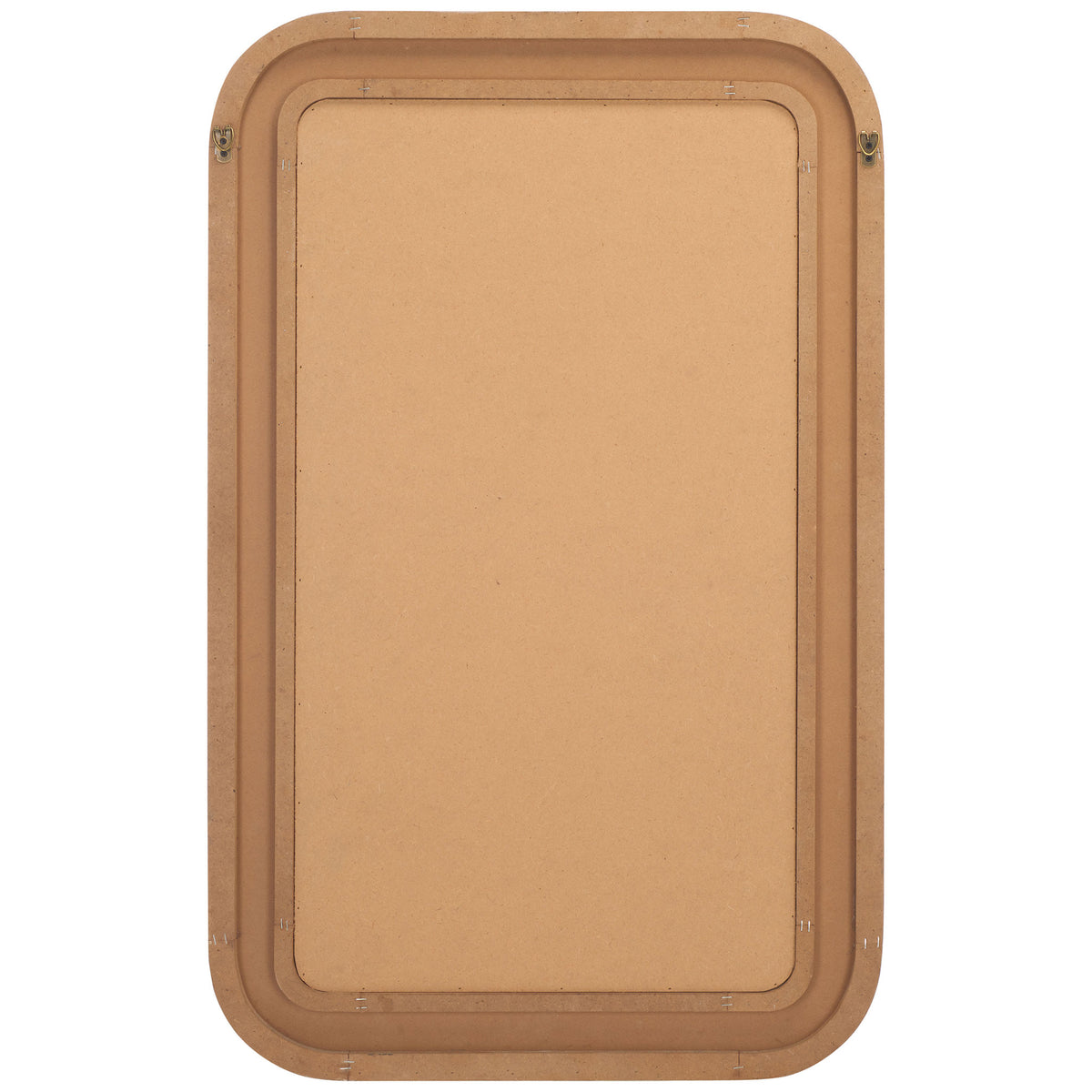 A rounded natural-finish mirror has a solid back panel and metal mounting hardware || MRR9000A || back_studio