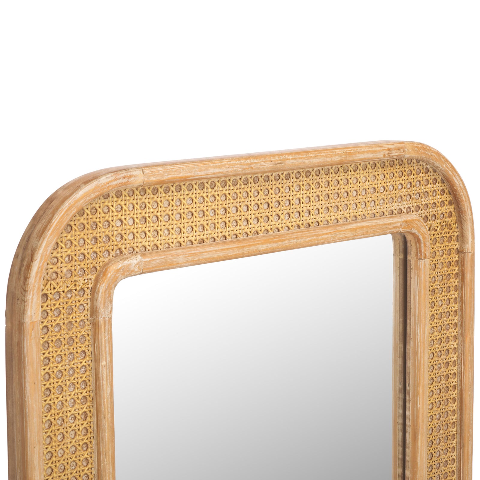 Woven cane detailing and warm wood grain add texture to the mirror's rounded frame || MRR9000A || detail_studio