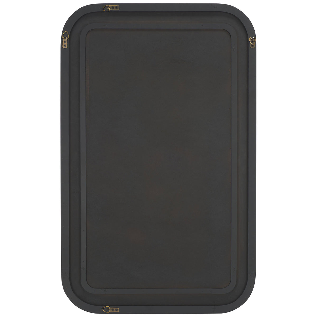 A rounded black mirror has a solid back panel and metal wall-mounting hardware || MRR9000B || back_studio