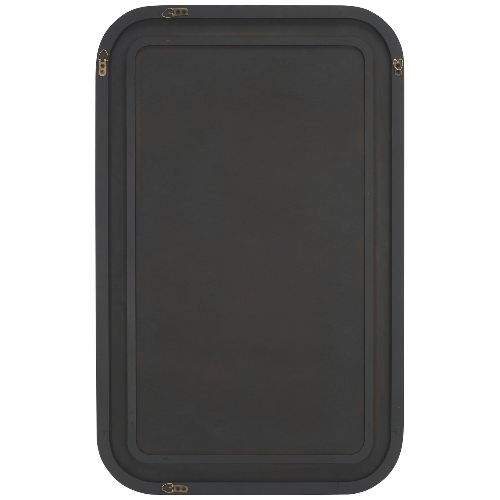 A rounded black mirror has a solid back panel and metal wall-mounting hardware || MRR9000B || back_studio