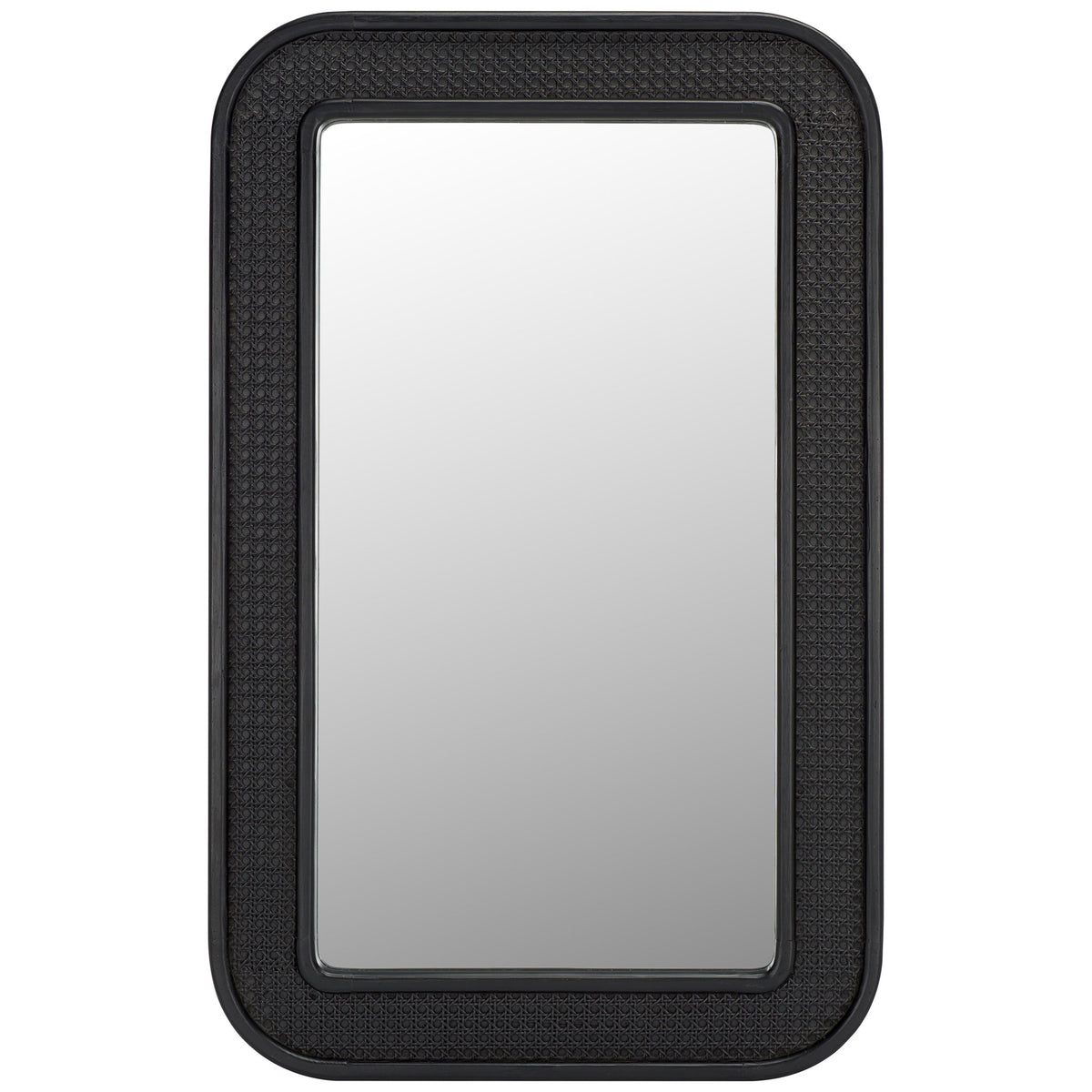 A black wood-framed mirror pairs rounded corners with a textured lattice inset || MRR9000B || front_studio