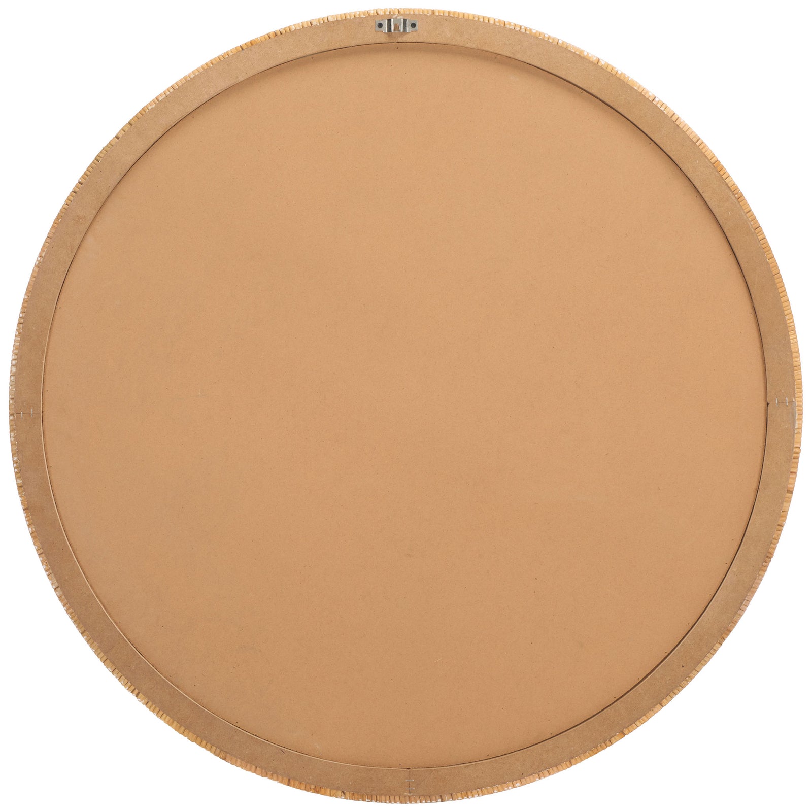 A tan back panel and metal hanging bracket equip this round mirror for wall mounting. || MRR9001A || back_studio
